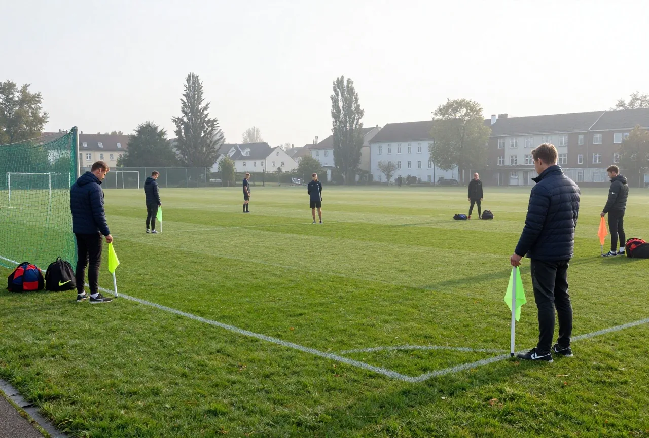 Ehrenamtliche stellen am frühen Morgen Eckfahnen und Netze auf einem leeren Rasenplatz auf