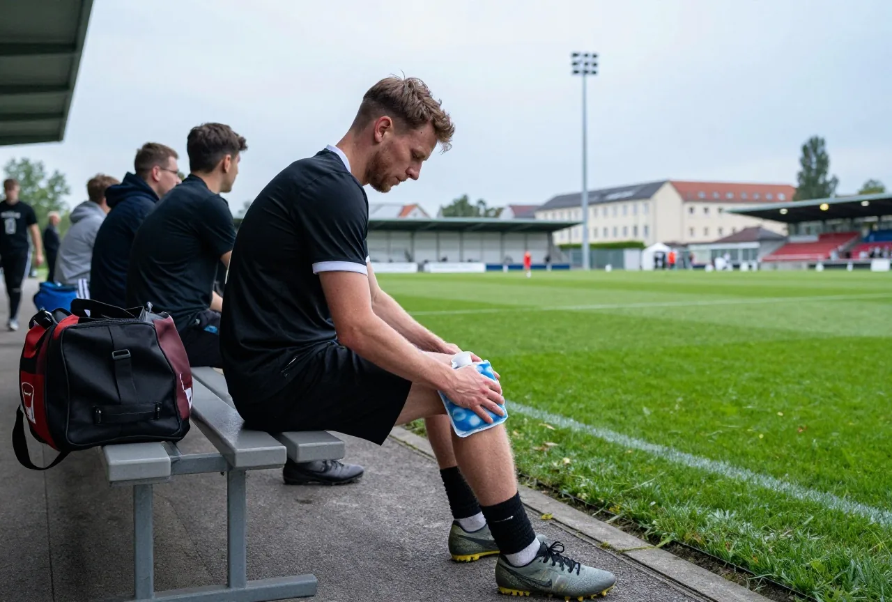 Amateurfußballer sitzt am Spielfeldrand auf einer Bank und kühlt sein Knie mit einem Kühlpack