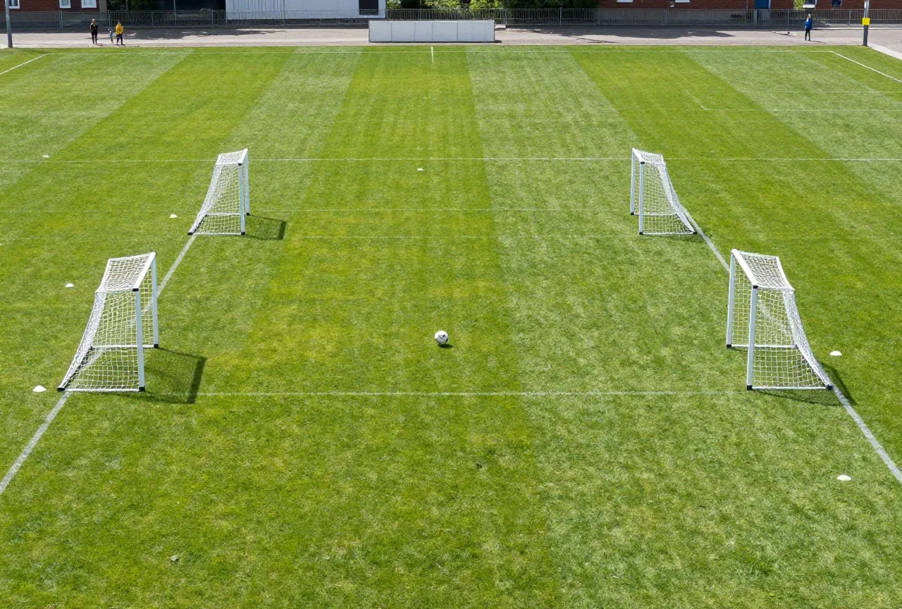 Kleines Spielfeld von oben mit vier Minitoren, Markierungshütchen und einem Ball in der Mitte