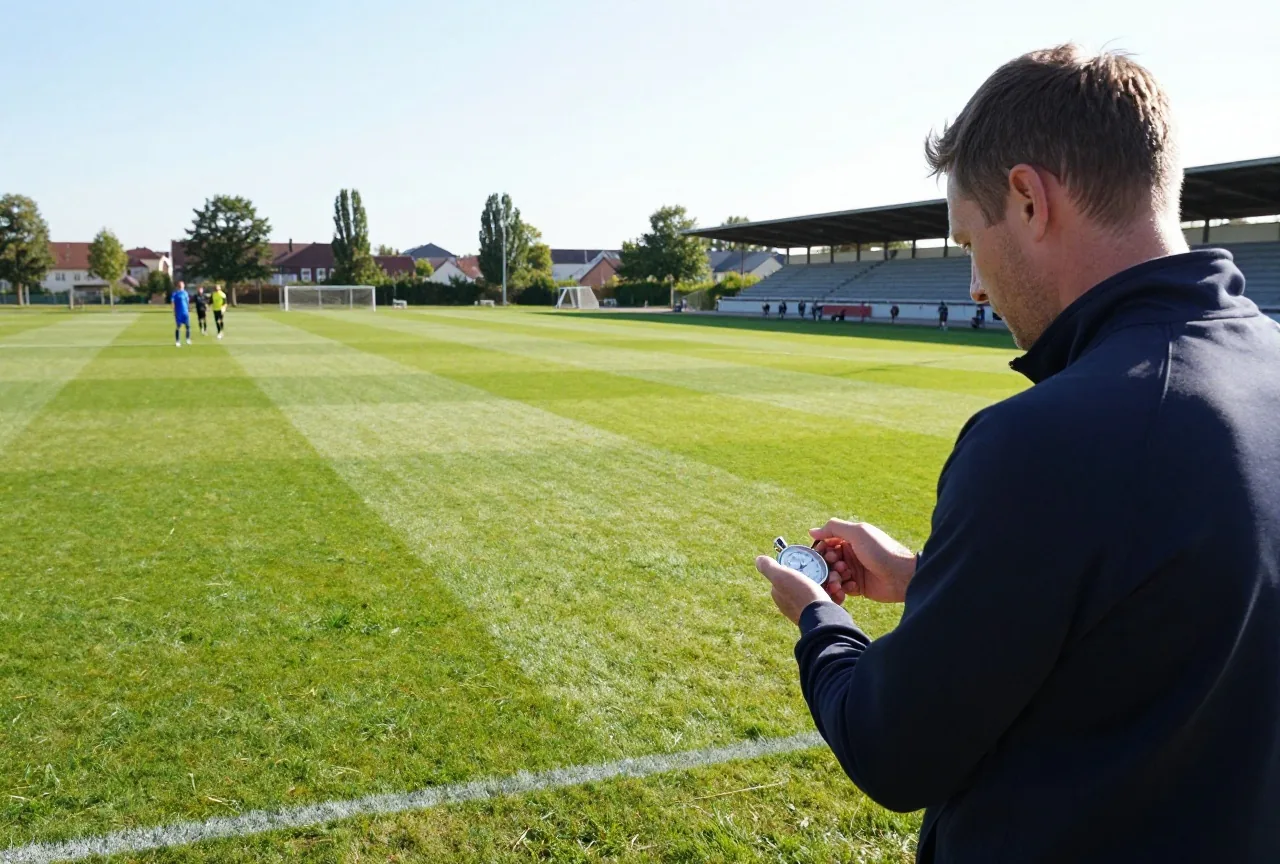 Trainer im Trainingsanzug von hinten mit Stoppuhr am Spielfeldrand eines großen Rasenplatzes
