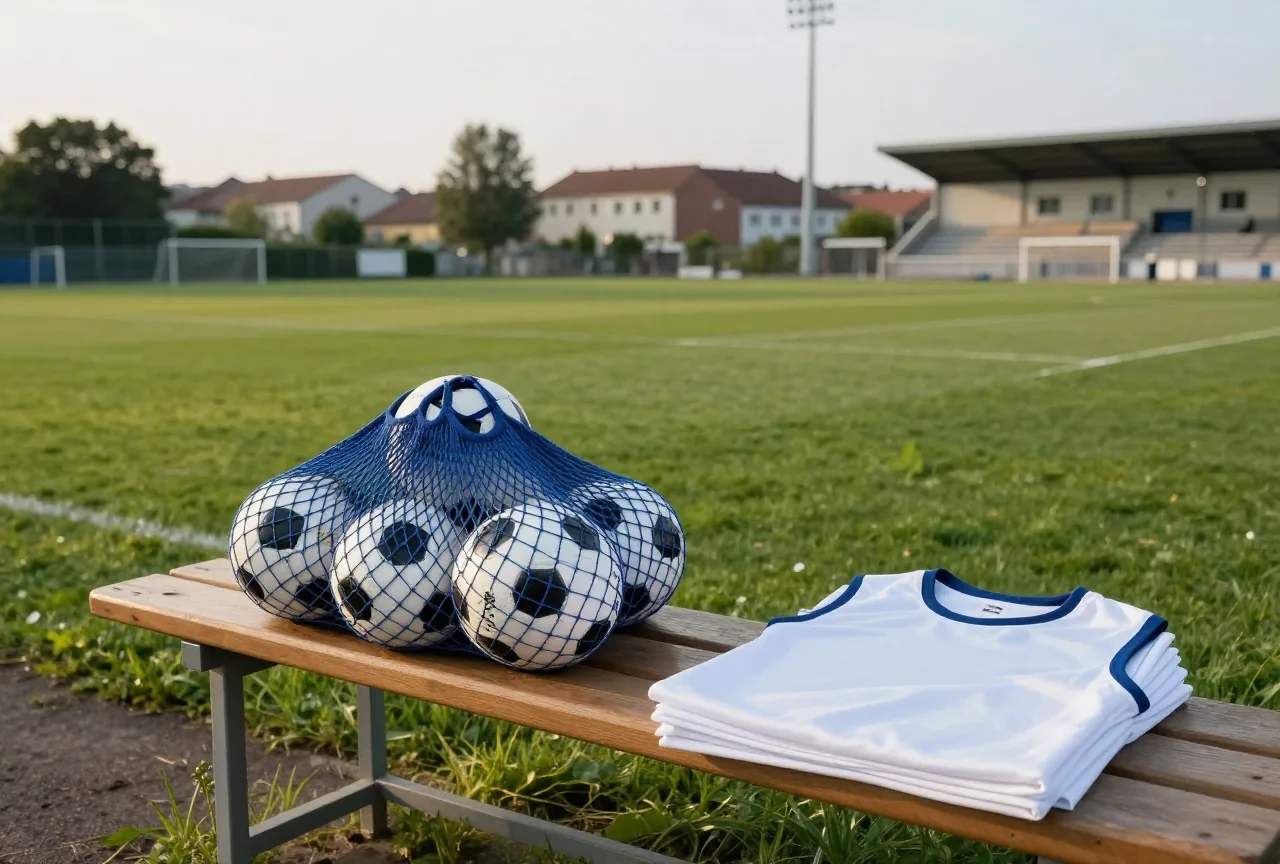 Ballnetz mit Jugendbällen und gestapelte Leibchen auf einer Holzbank am Sportplatz
