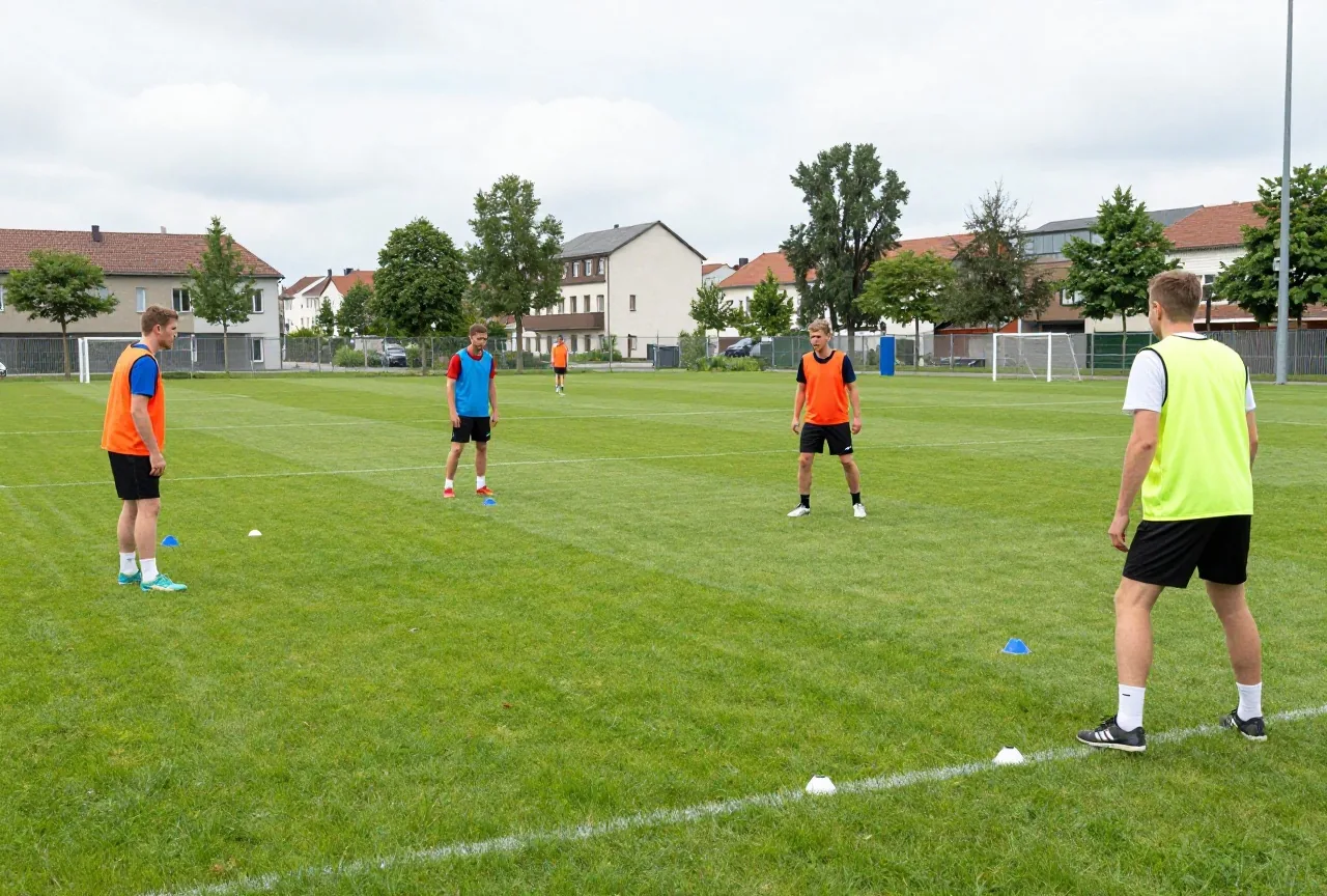 Trainingsspiel vier gegen vier auf einem kleinen, mit Hütchen markierten Rasenfeld