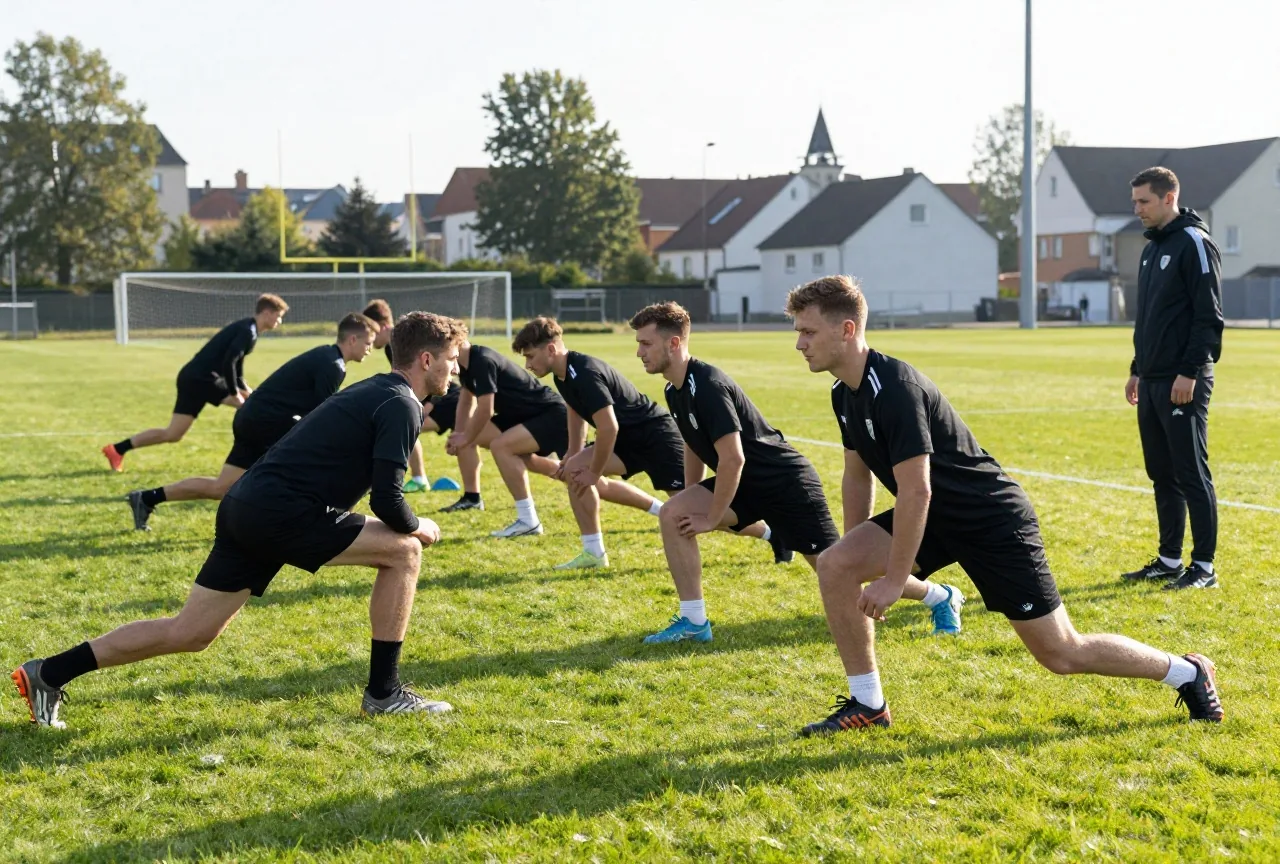 Fußballer machen beim Aufwärmen auf dem Rasen in einer Reihe Ausfallschritte