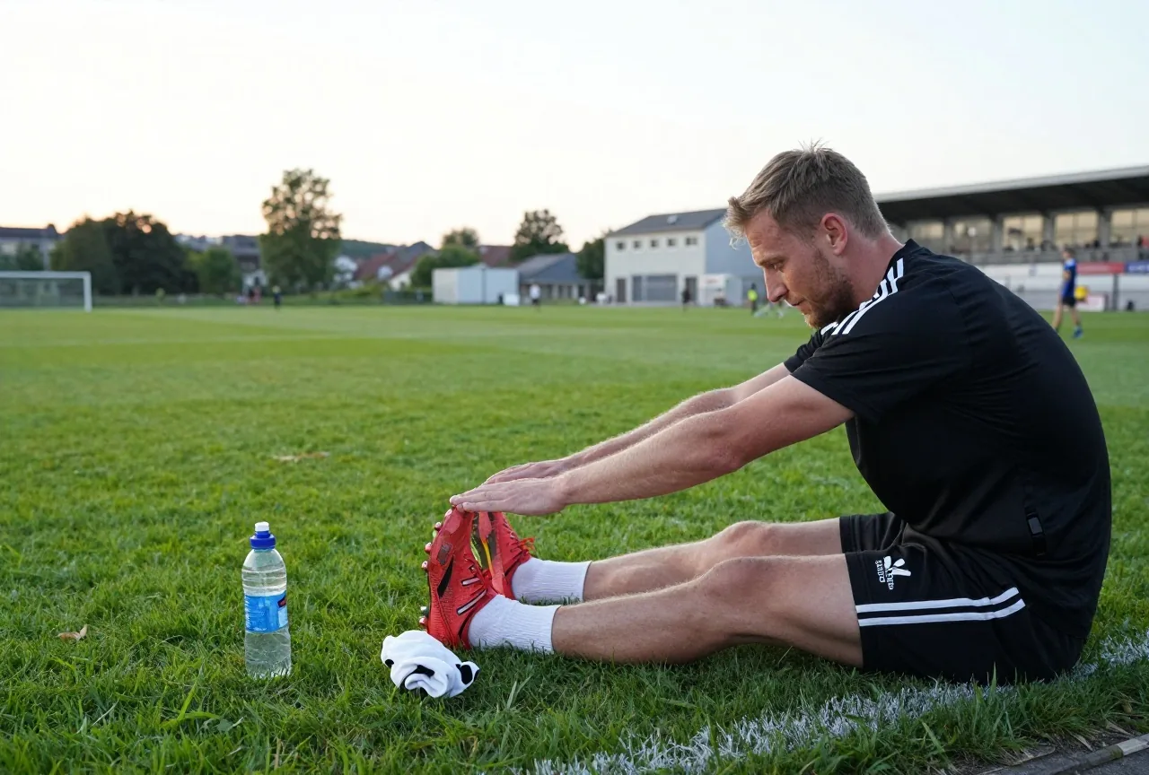 Fußballer dehnt nach dem Training auf dem Rasen sitzend die Beinrückseite, daneben eine Trinkflasche