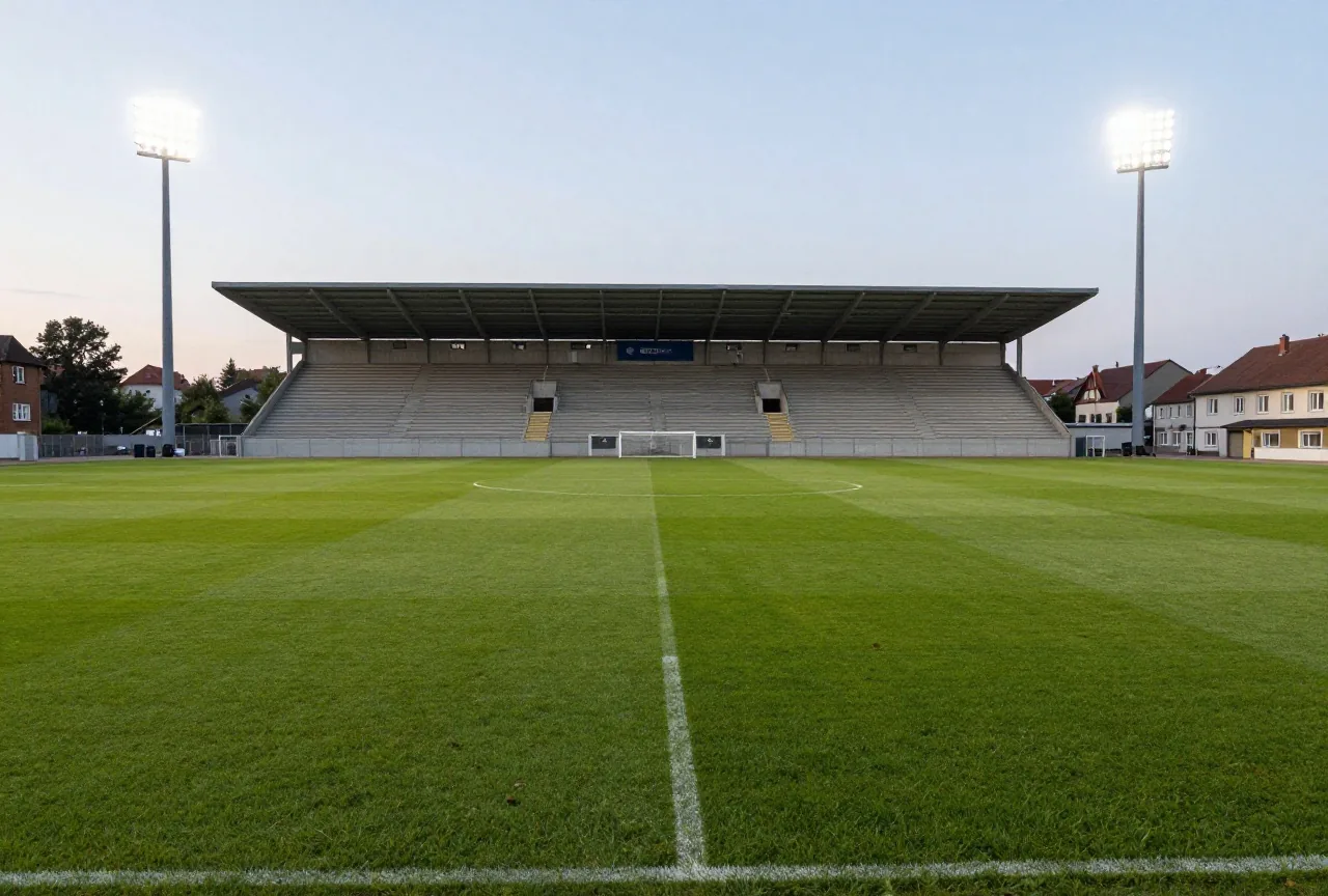 Mittelgroßes Stadion mit überdachter Haupttribüne in der Abenddämmerung bei eingeschaltetem Flutlicht