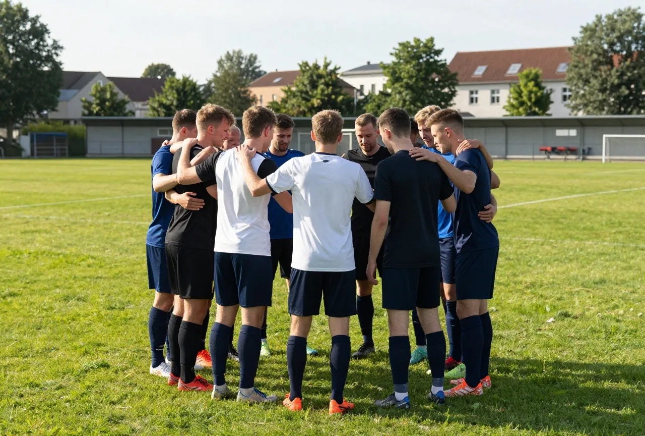 Amateurfußballer in schlichten Trikots stehen jubelnd im Kreis auf dem Rasen, von hinten gesehen