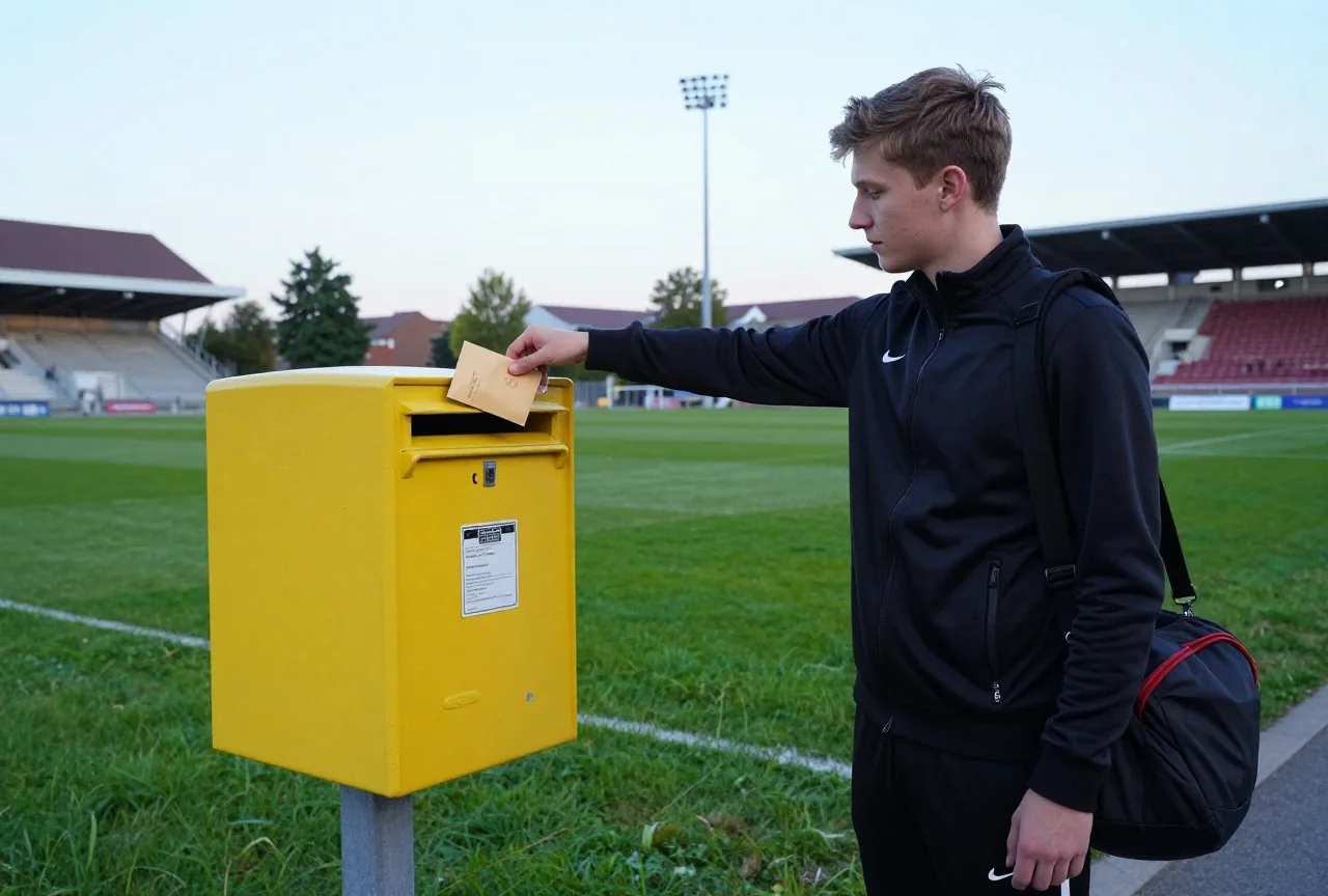 Junger Mann im Trainingsanzug wirft in der Dämmerung einen Briefumschlag in einen Briefkasten