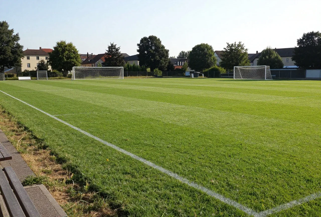 Leerer Amateursportplatz an einem Spätsommerabend mit Toren ohne Netze und Holzbank am Rand