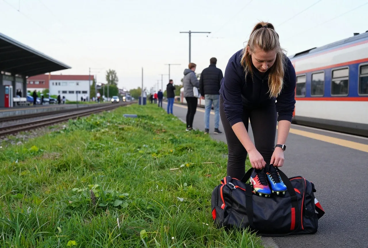 Junge Frau mit Sporttasche und angebundenen Fußballschuhen wartet am Abend auf einem Bahnsteig
