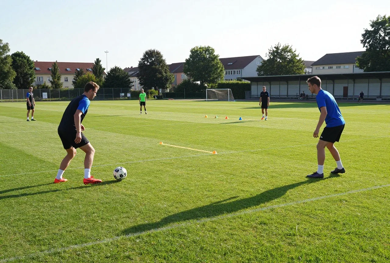 Zwei erwachsene Spieler passen sich auf dem Trainingsplatz im Nachmittagslicht den Ball zu, Hütchen markieren ein Feld