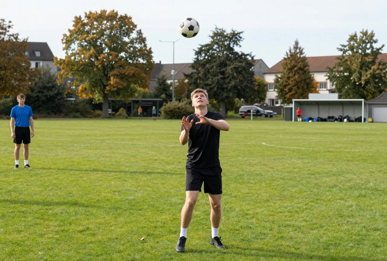 Erwachsener Spieler nimmt einen hohen Ball mit der Brust an, im Hintergrund herbstliche Bäume