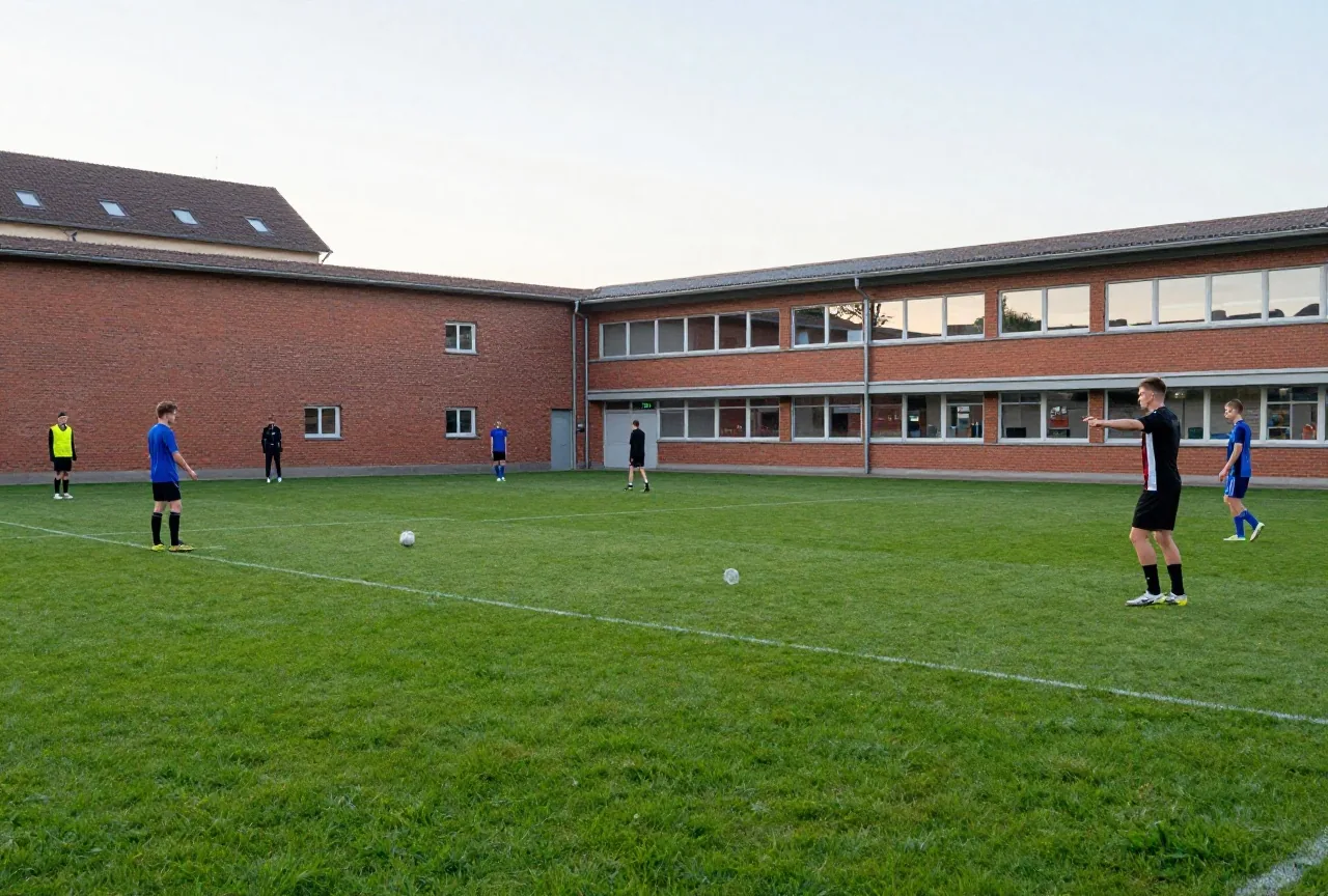 Junger Erwachsener spielt abends auf einem leeren Schulhof einen Ball gegen eine Backsteinwand