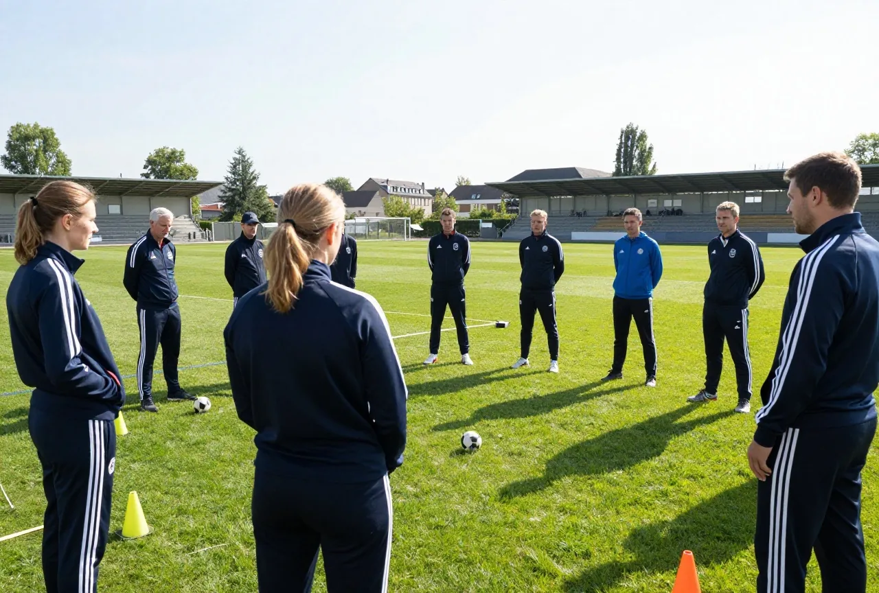 Lehrgangsteilnehmer in Trainingsanzügen stehen im Halbkreis um einen Ausbilder auf dem Trainingsplatz