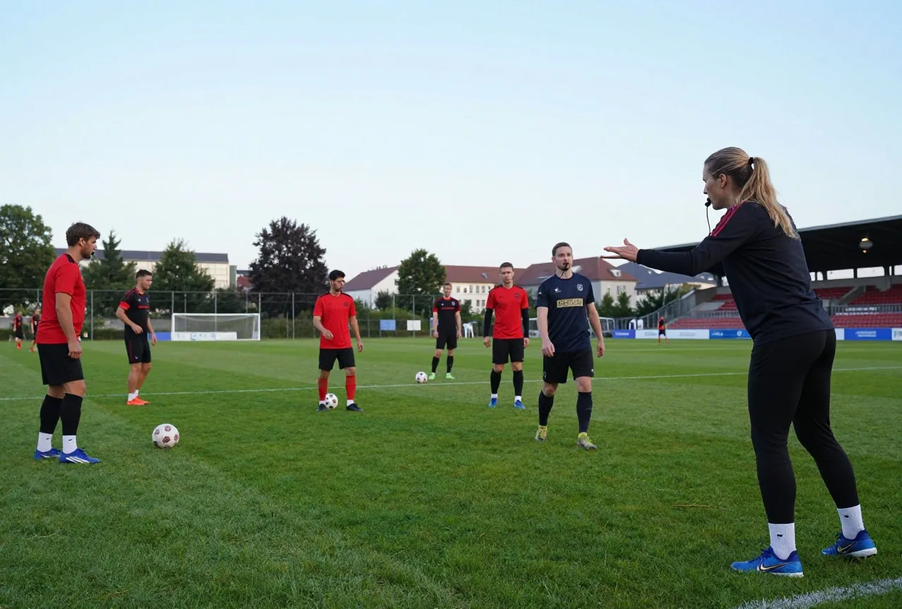 Trainerin mit Pfeife leitet am Abend unter Flutlicht eine Passübung mit erwachsenen Spielern