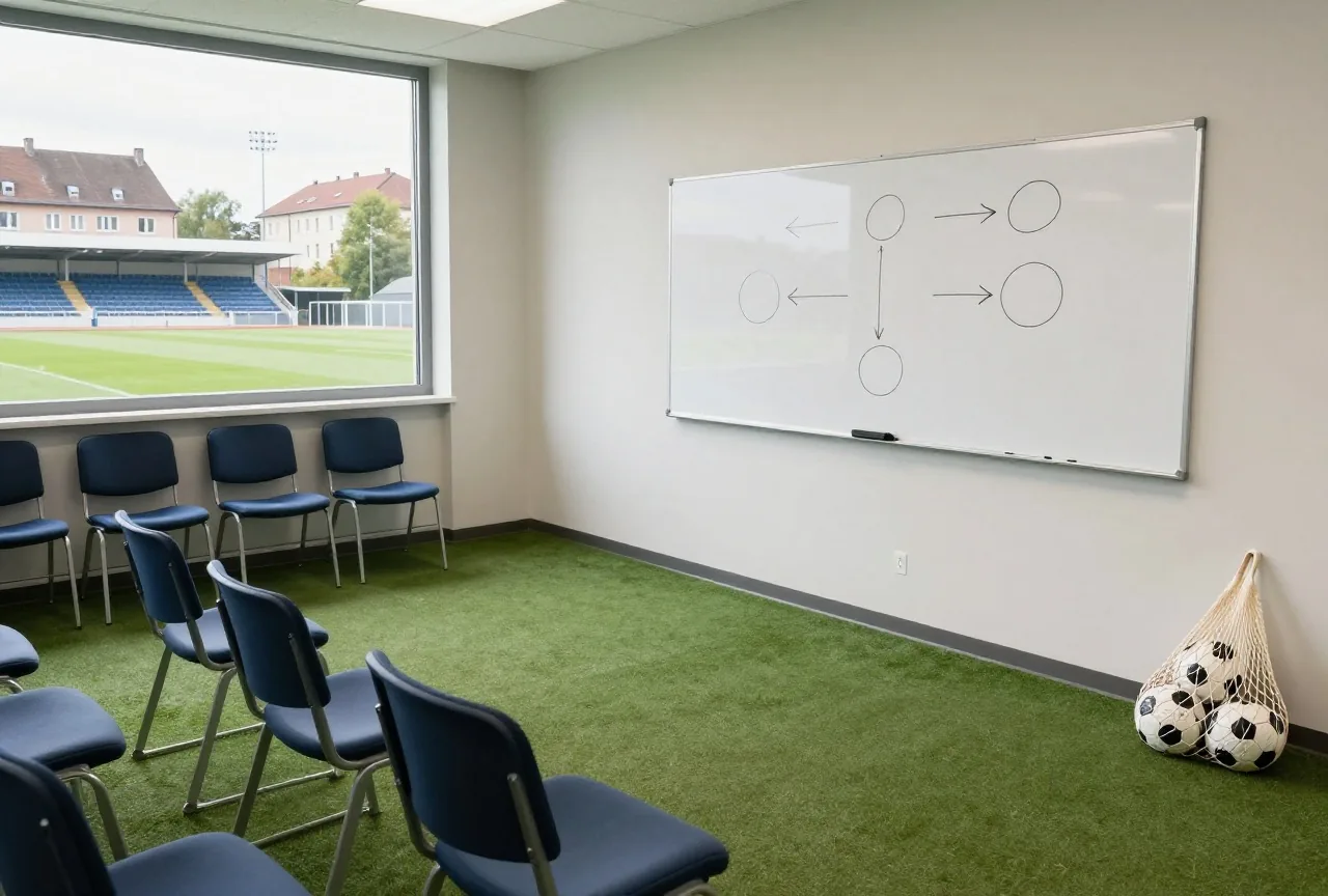 Seminarraum einer Sportschule mit leeren Stühlen, Whiteboard mit Pfeilen und einem Ballnetz in der Ecke