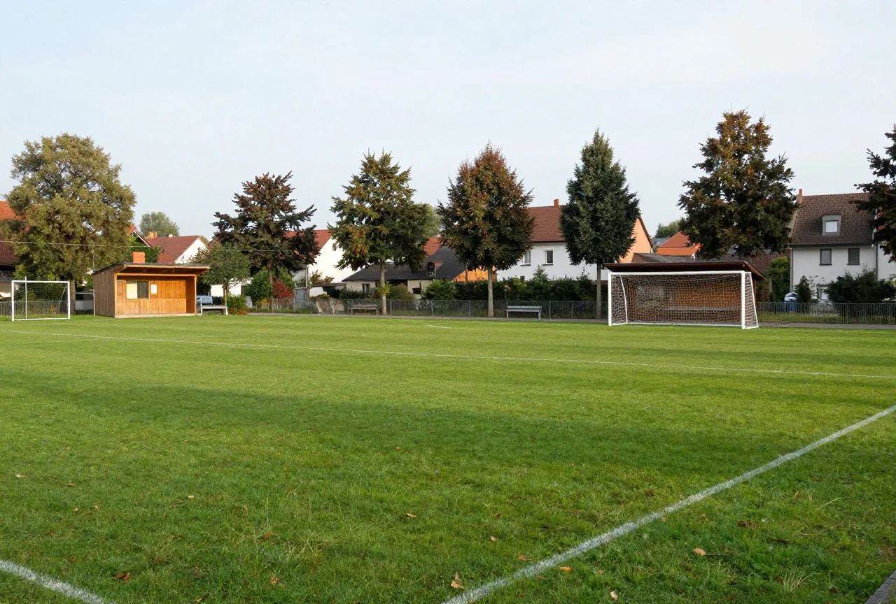 Kleiner Sportplatz am Dorfrand mit zwei Toren, Vereinsheim aus Holz und Baumreihe im Herbstlicht