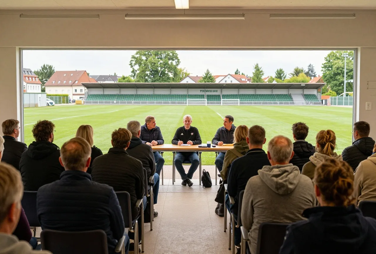 Mitgliederversammlung im Vereinsheim, Erwachsene von hinten auf Stuhlreihen, vorne ein Tisch mit drei Personen