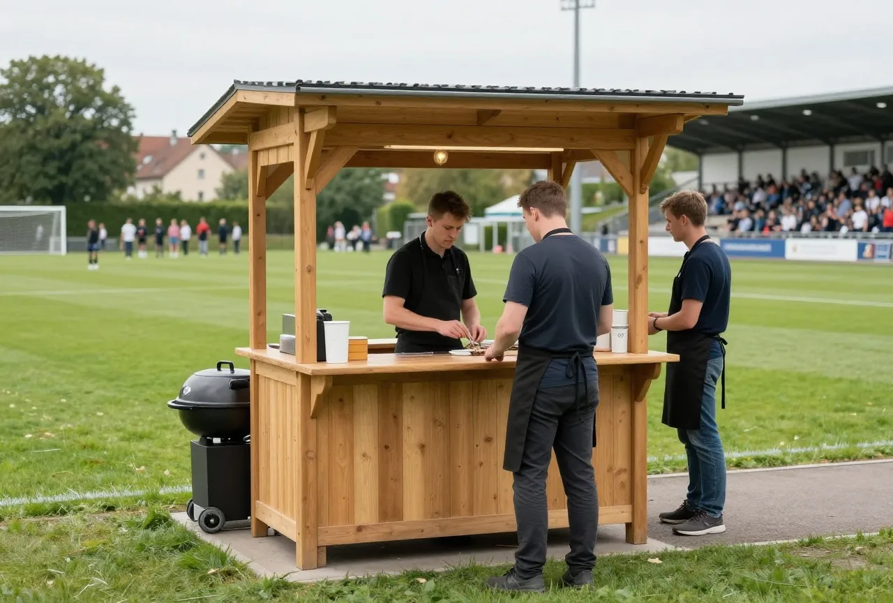 Kleiner Verkaufsstand mit Grill am Spielfeldrand, zwei Helfer mit Schürzen, im Hintergrund Zuschauer