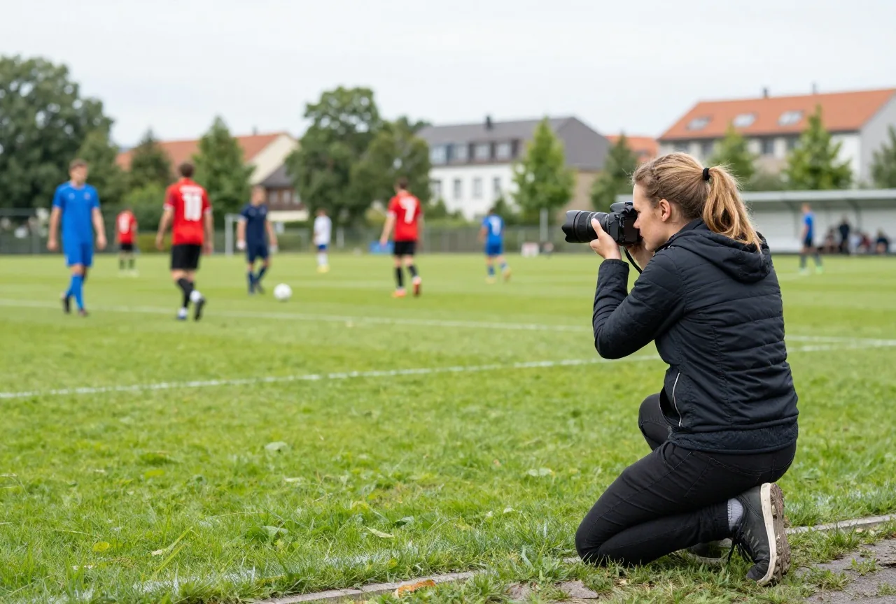 Fotografin kniet mit Kamera an der Seitenlinie eines Amateurspiels, Spieler im Hintergrund unscharf