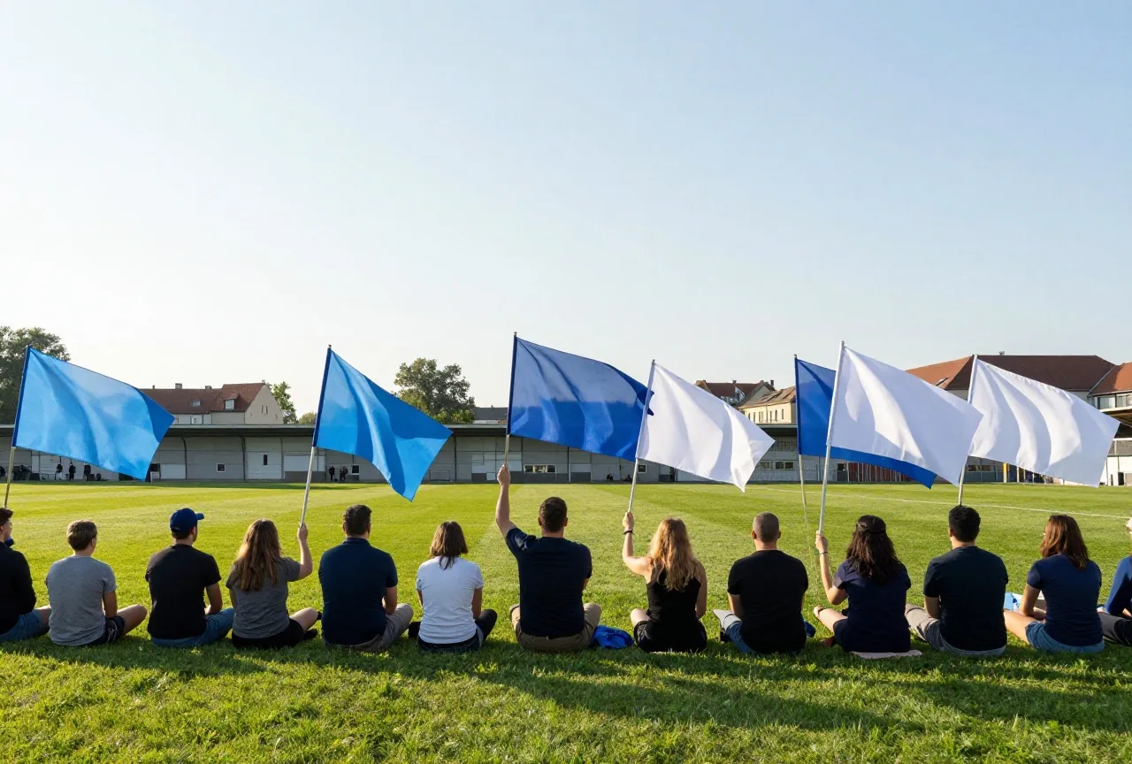 Fans von hinten auf einer großen Stehtribüne mit einfarbigen Fahnen in der Nachmittagssonne