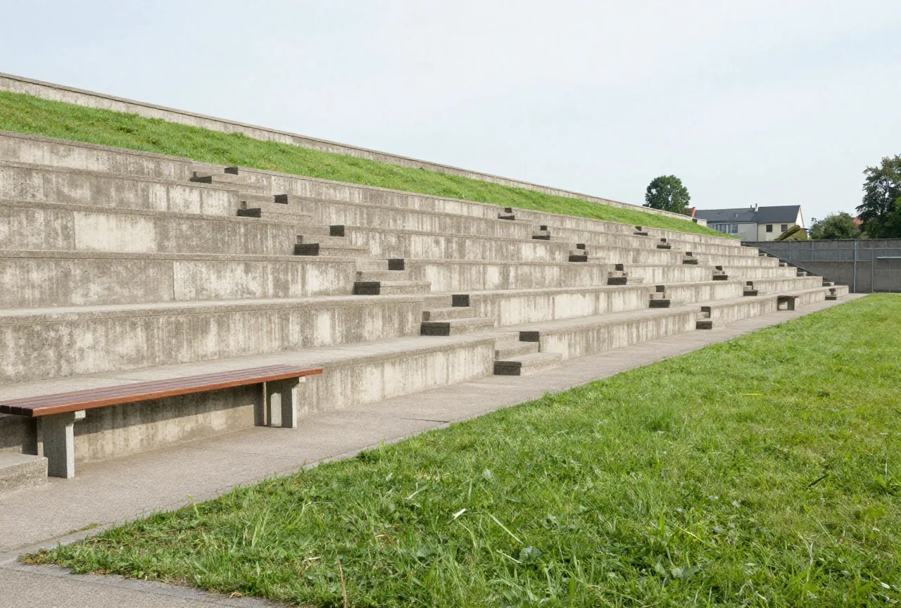 Alte Betonstehtribüne aus den 1960er Jahren mit Holzbänken und bewachsenen Stufen im Nachmittagslicht