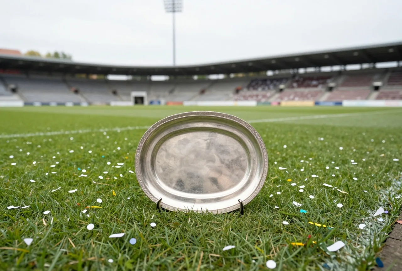 Silberne Schale ohne Gravur auf dem Rasen, ringsum Konfetti, das Stadion im Hintergrund unscharf