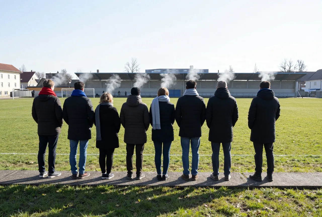 Fans von hinten auf einer alten Betontribüne im Winter, mit einfarbigen Schals, Atemwolken in der Kälte