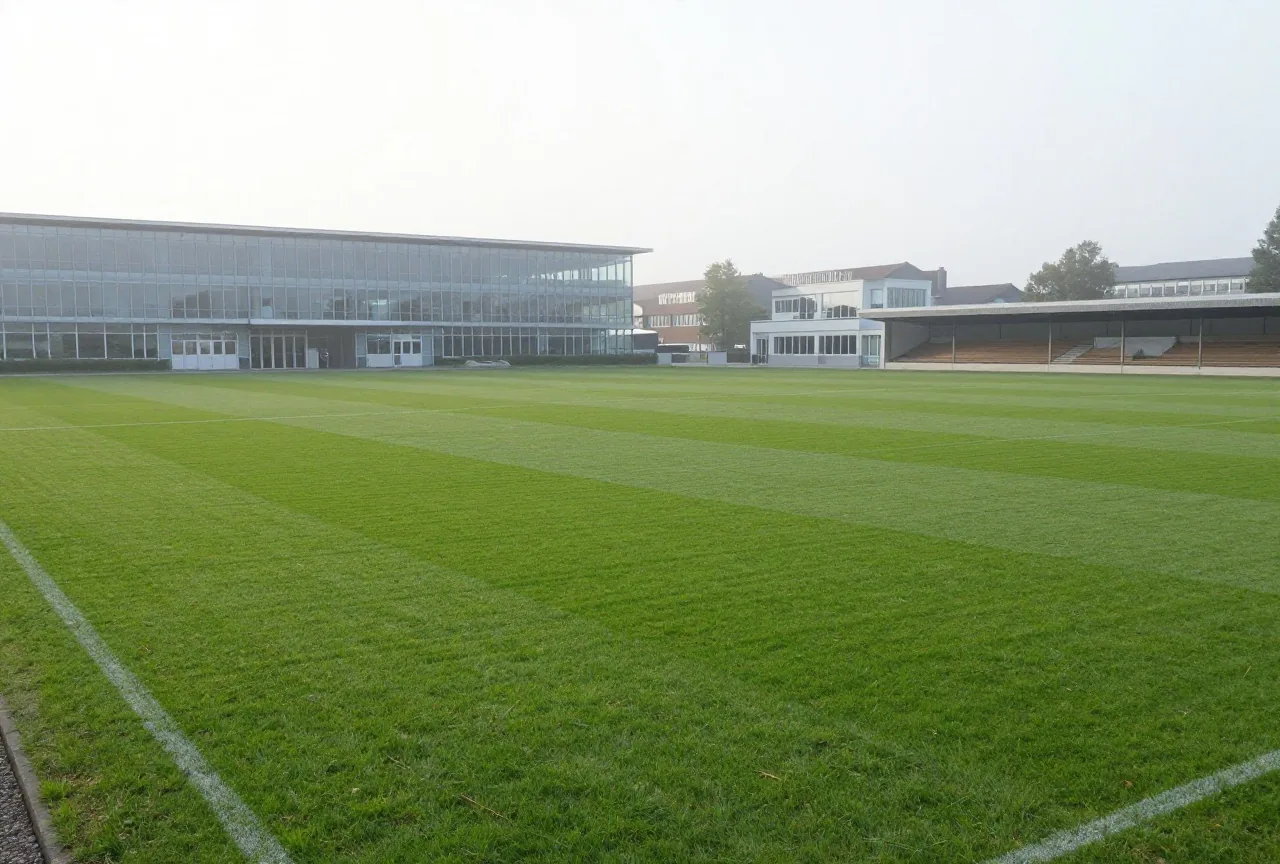 Moderner Trainingscampus mit mehreren Rasenplätzen und flachem Glasgebäude im Morgendunst