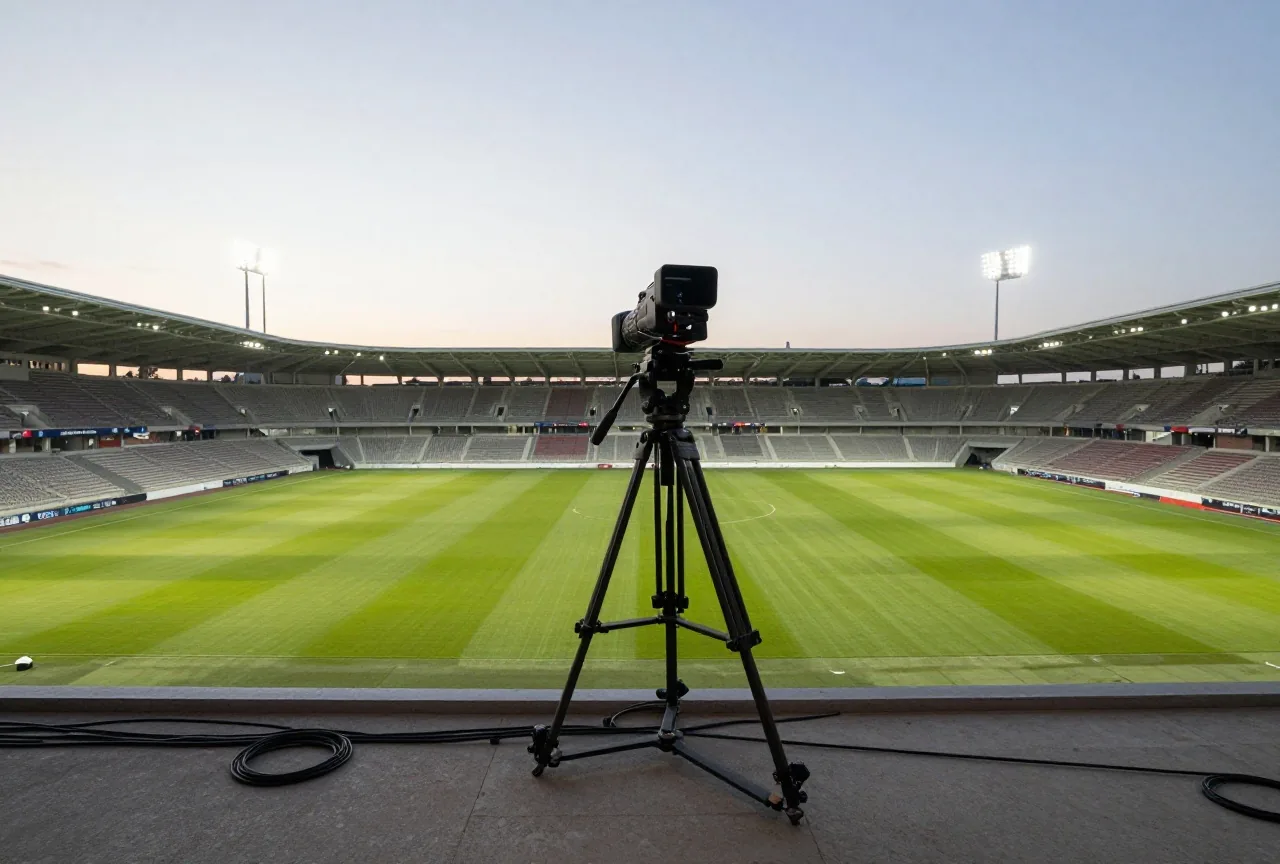 Fernsehkamera auf einem Stativ hoch über einem beleuchteten Spielfeld in der Abenddämmerung