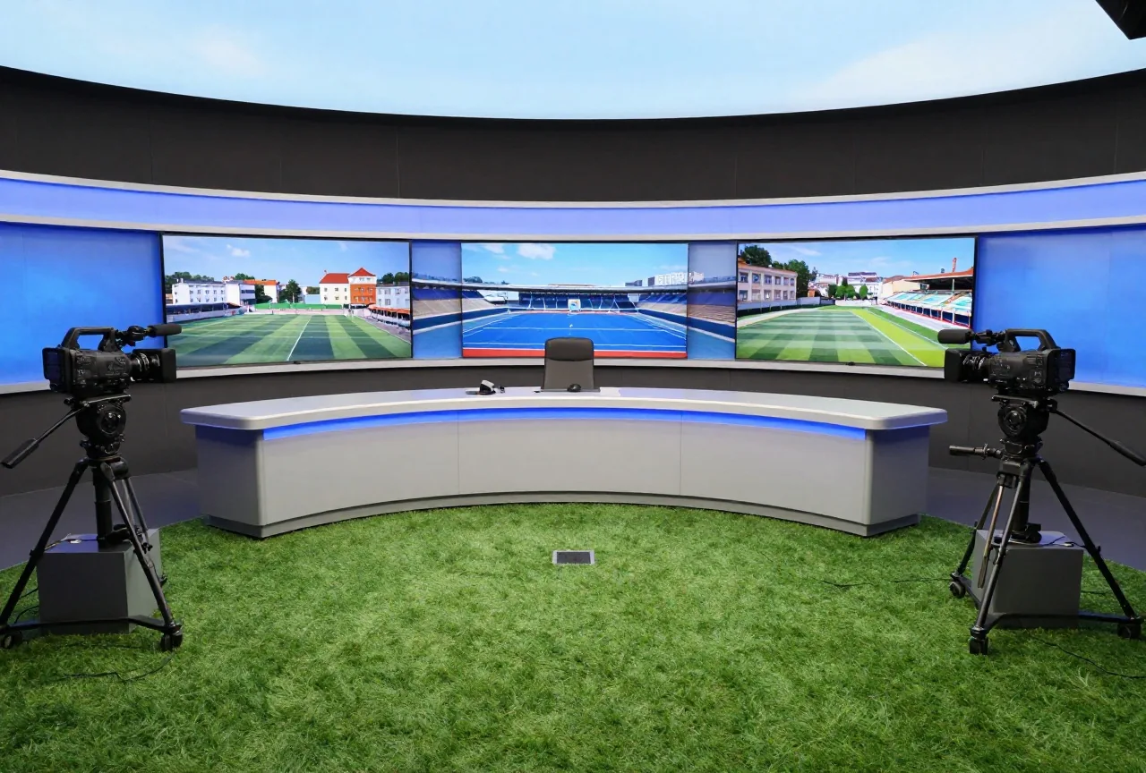Leeres Fernsehstudio mit geschwungenem Tisch, Kameras und blauem Licht, die Bildschirme sind ausgeschaltet