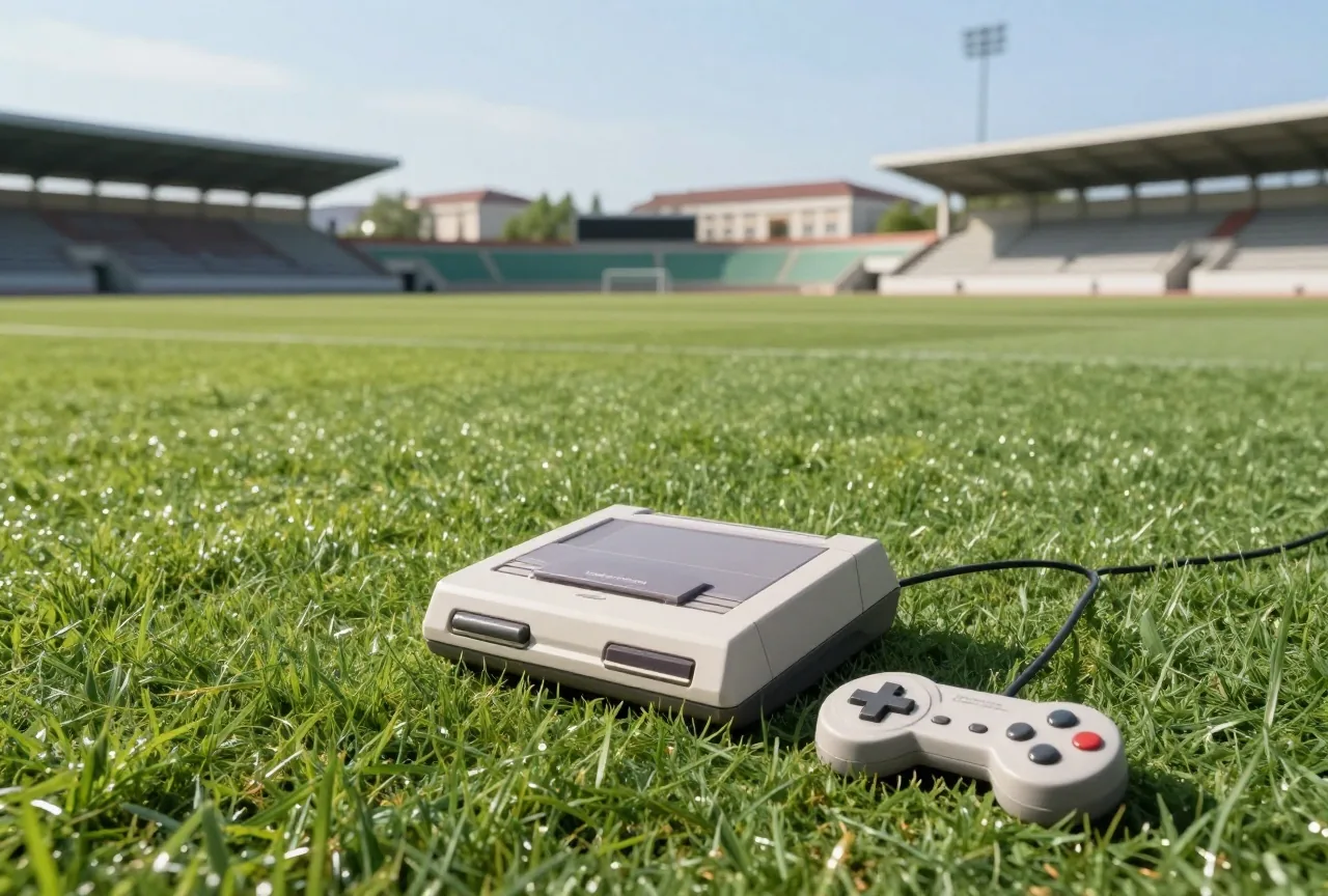 Alte Spielkonsole mit Steckmodul und Controller auf einem Teppich im Nachmittagslicht