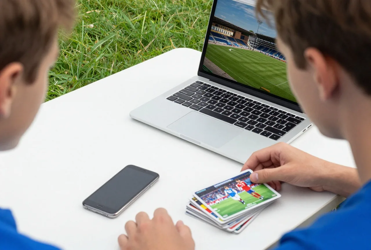 Schreibtisch mit zugeklapptem Laptop, umgedrehtem Smartphone und einem Stapel Sammelkarten von oben