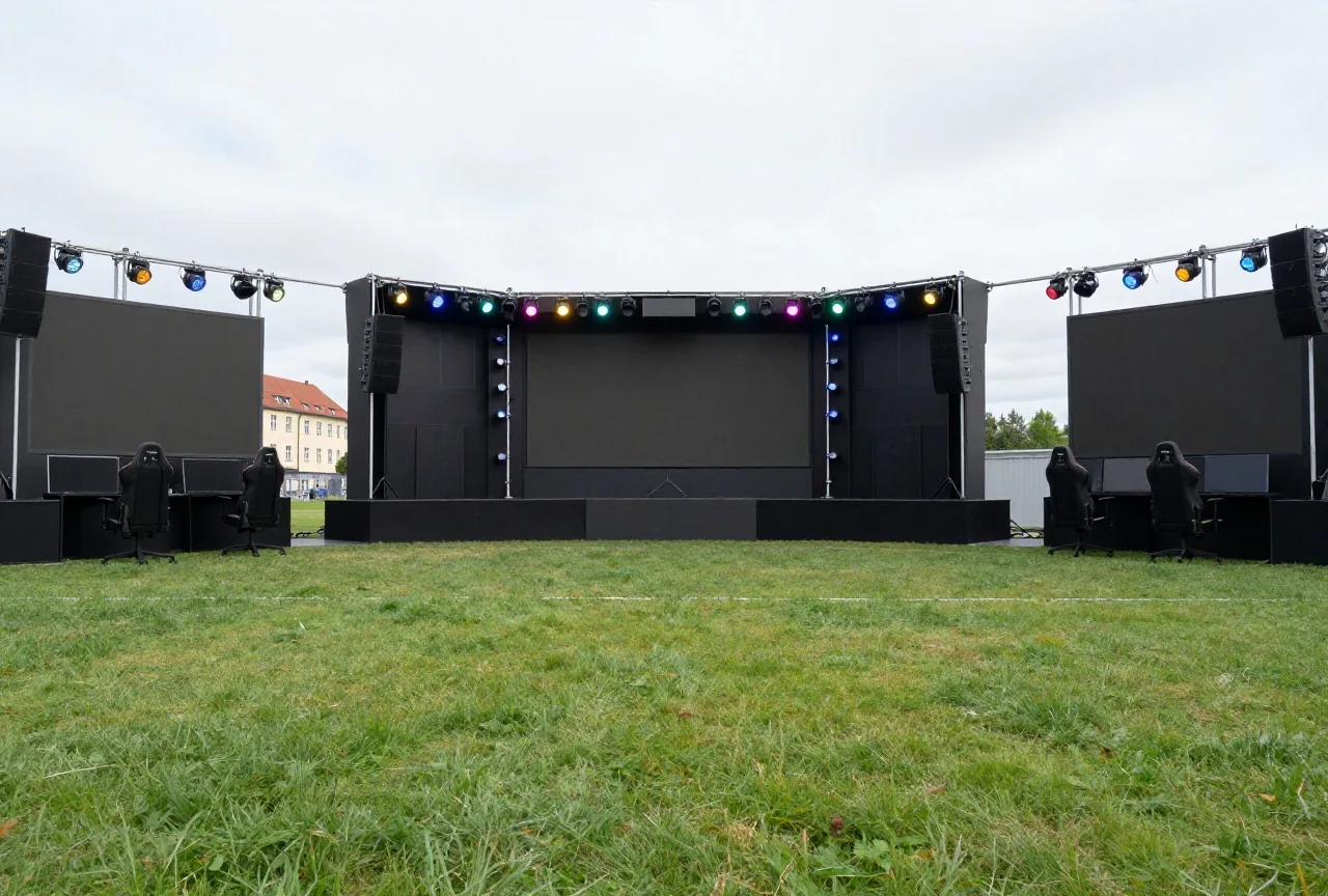 Leere E-Sport-Bühne mit zwei Spielerstühlen und Kopfhörern unter farbigem Scheinwerferlicht