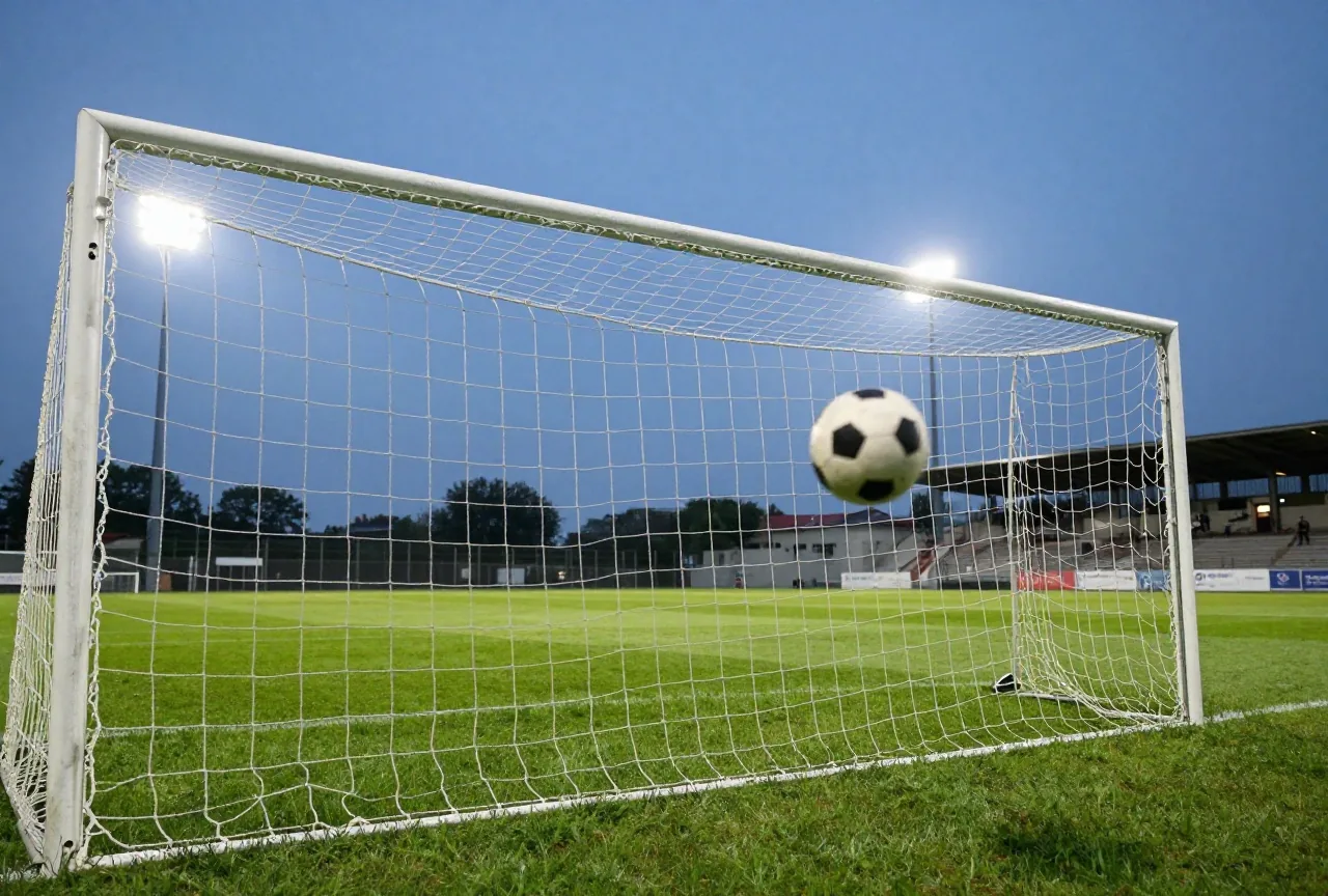 Ball zappelt im Tornetz, Nahaufnahme im Flutlicht mit bewegtem Netz