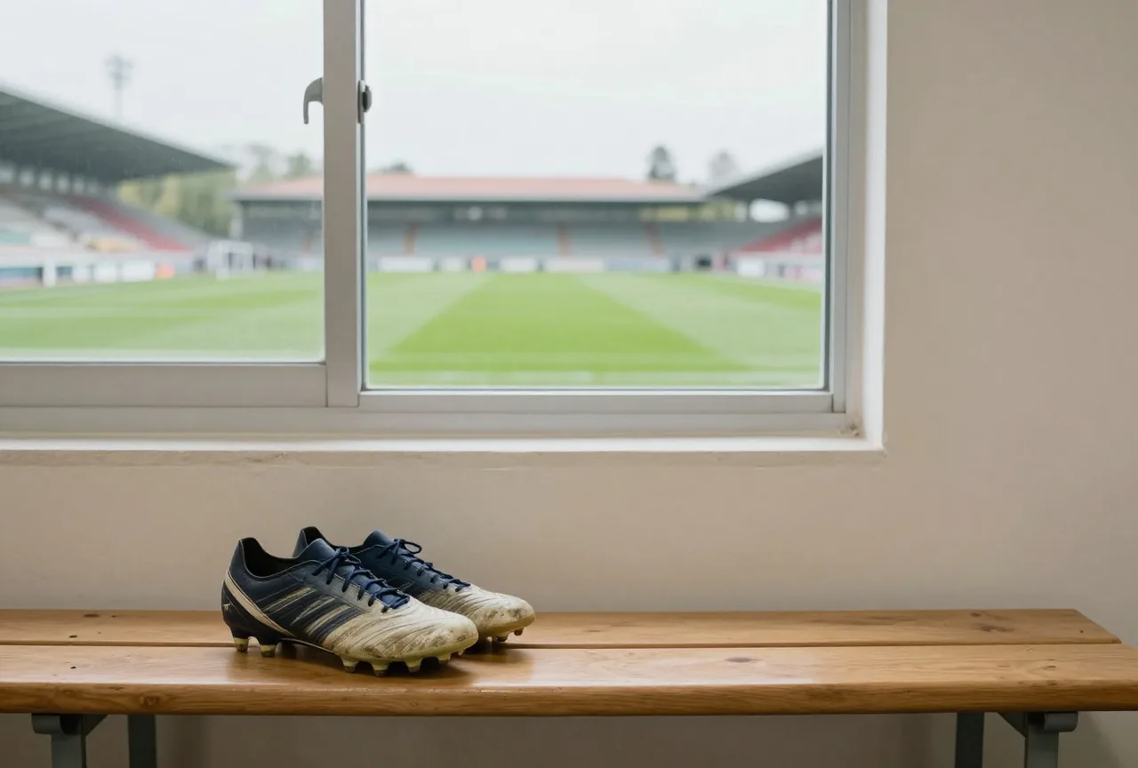 Abgenutzte Fußballschuhe auf einer Holzbank in einer leeren Umkleide im Licht eines Fensters