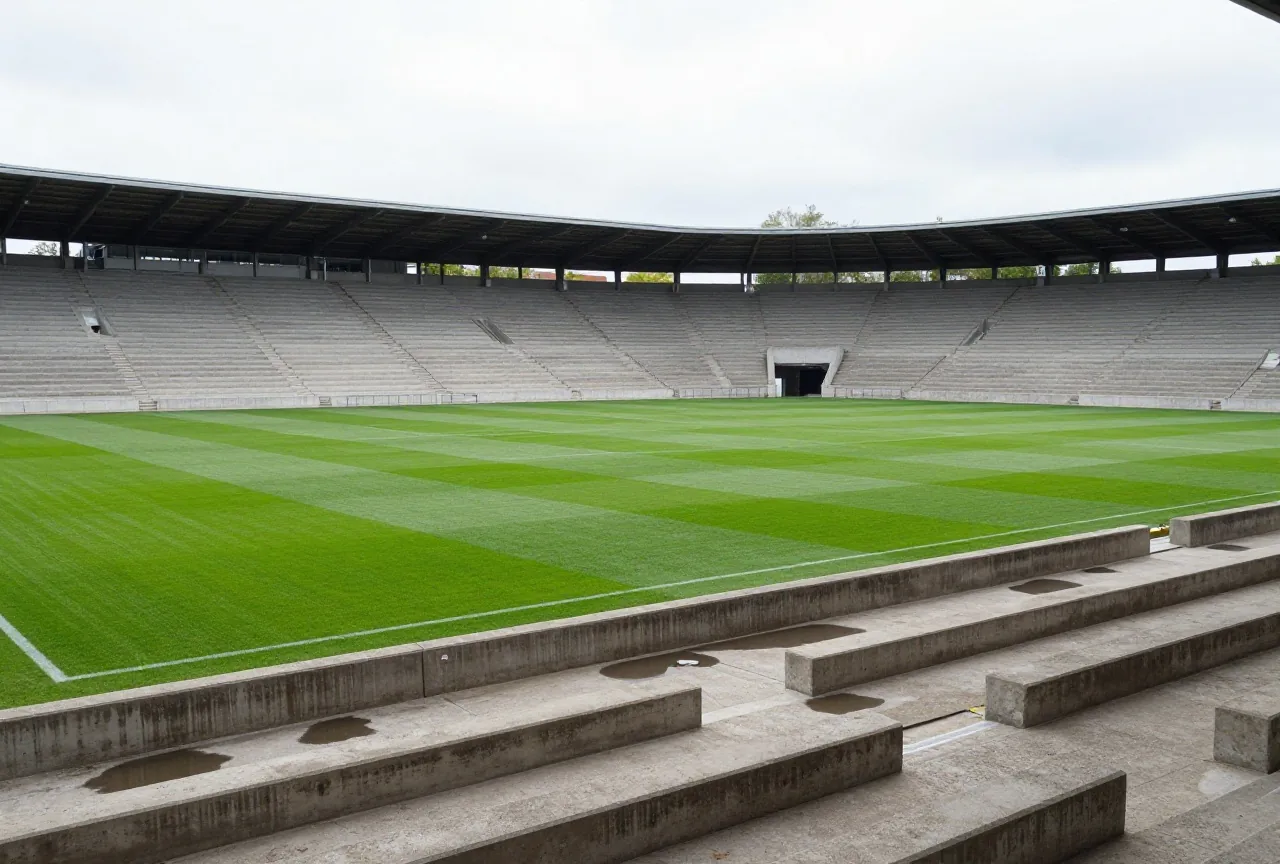 Leere Betonstehtribüne mit Wellenbrechern an einem bewölkten Nachmittag