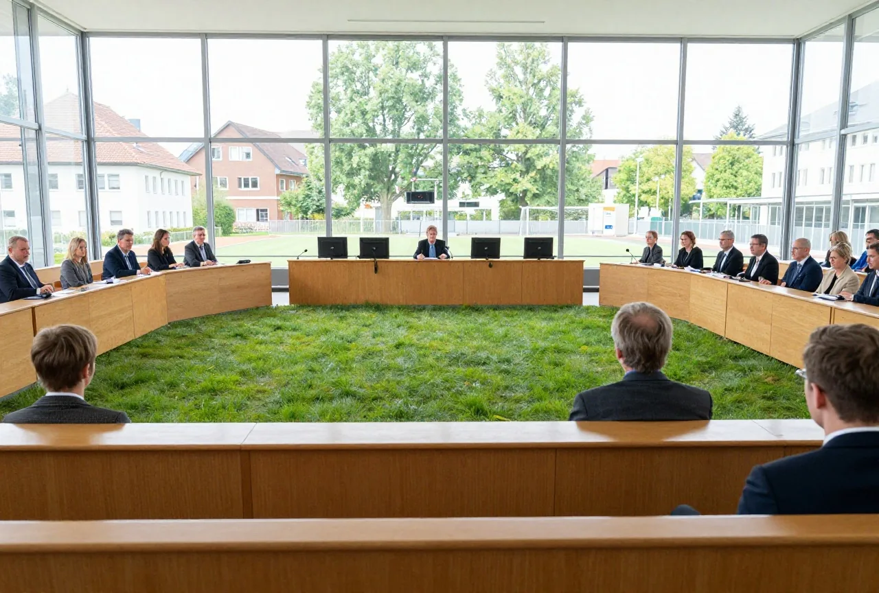 Leerer Gerichtssaal mit Holzbänken und Richtertisch im Tageslicht hoher Fenster
