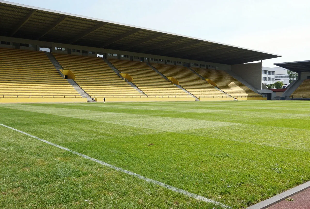 Riesige steile Stehtribüne in einem leeren Stadion mit vielen Wellenbrechern im Morgenlicht
