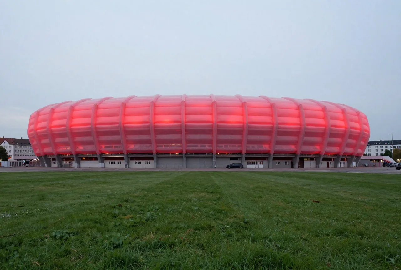 Moderne Stadionfassade aus großen leuchtenden Folienkissen bei Nacht, von weitem gesehen