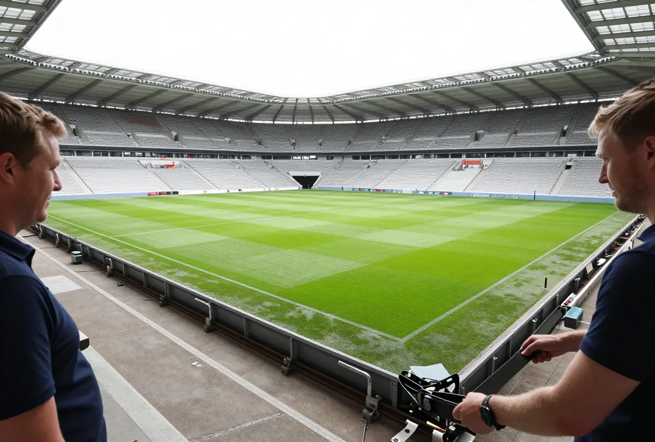 Stadion mit halb geöffnetem Dach, der Rasen wird auf einer großen Wanne aus dem Innenraum gefahren