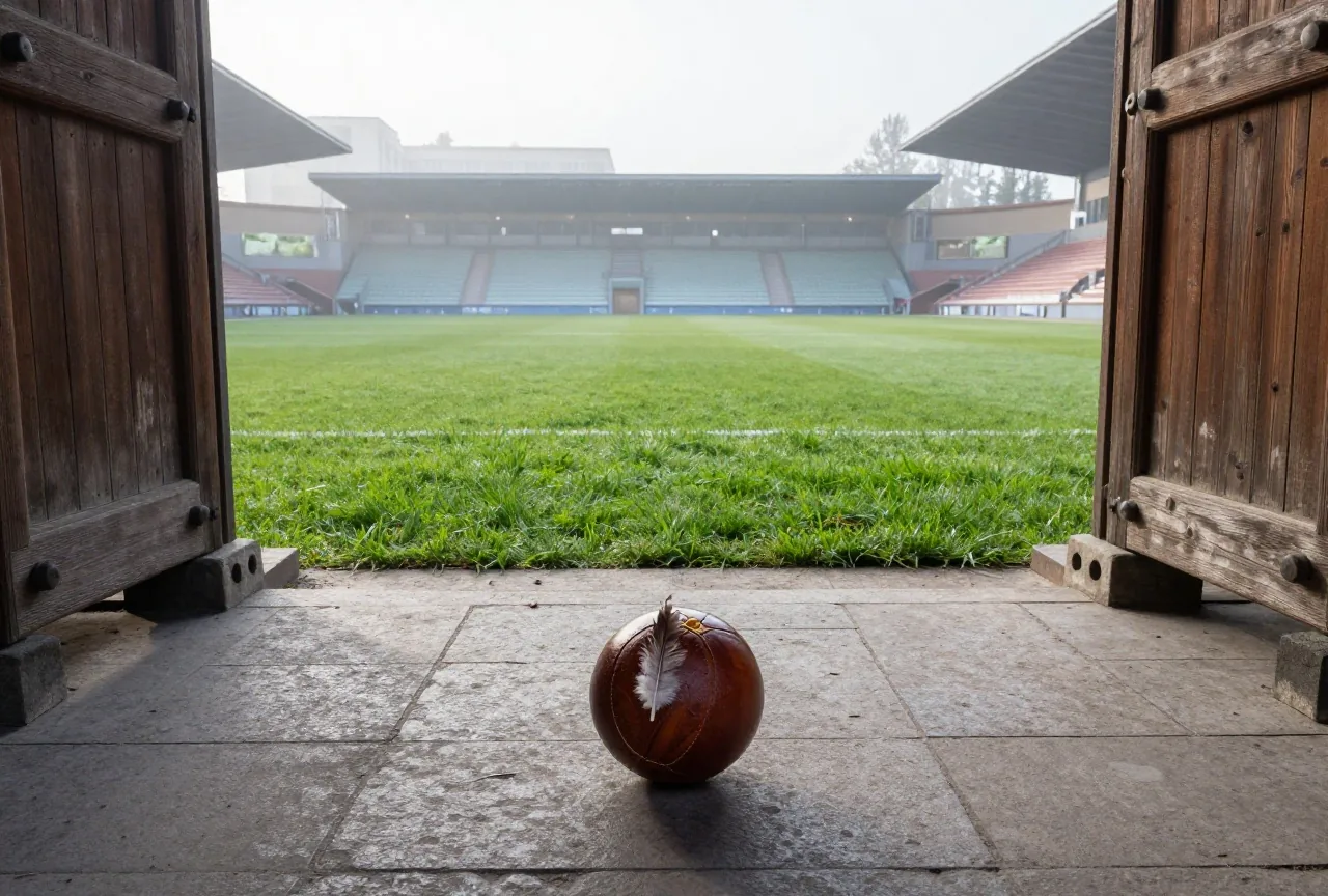 Runder Lederball in einem alten chinesischen Innenhof mit Steinpflaster und hölzernem Torrahmen im Morgennebel