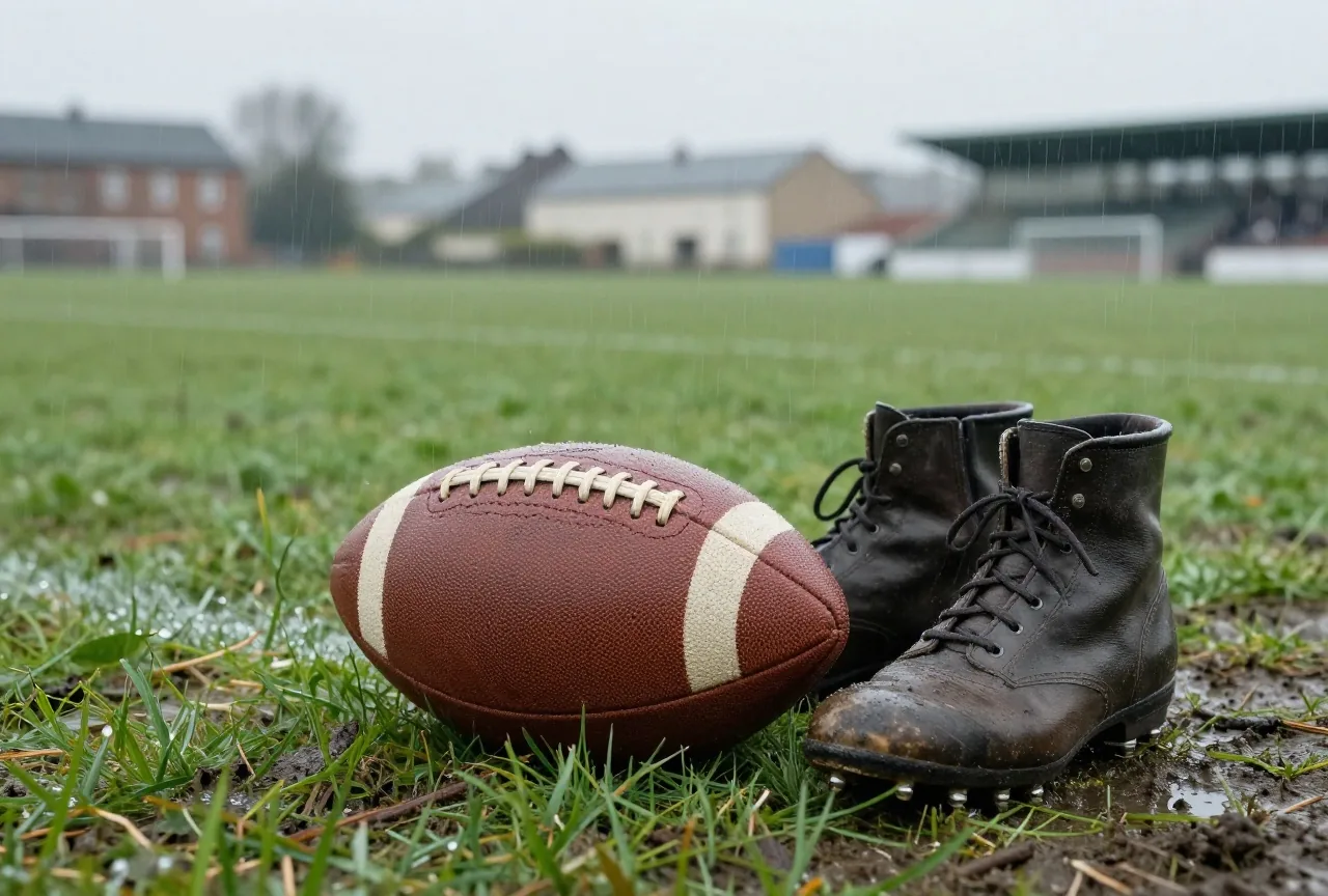 Alter brauner Lederball mit Schnürung auf nassem, schlammigem Rasen, daneben alte Fußballschuhe mit Schraubstollen