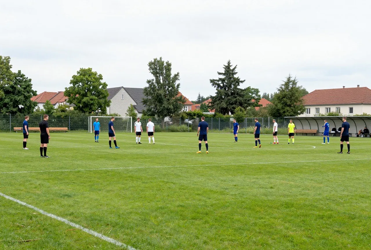 Erwachsene Amateurspieler in schlichten Trikots spielen auf einem kleinen Sportplatz, ein Schiedsrichter beobachtet die Szene