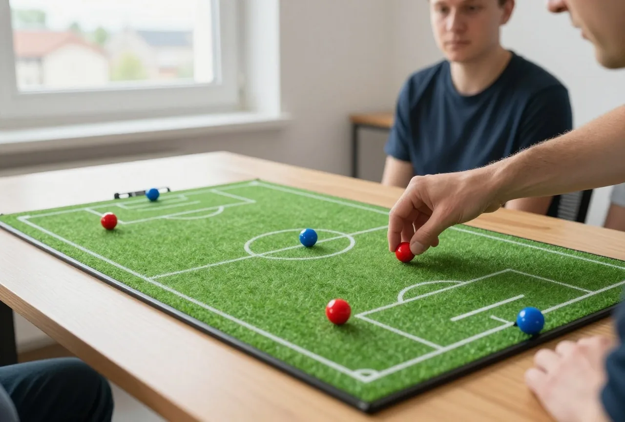Taktiktafel mit roten und blauen Magneten auf einem gezeichneten Spielfeld, eine Hand verschiebt einen Magneten