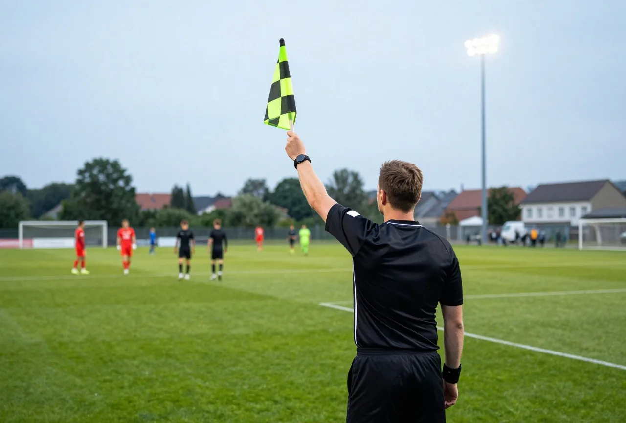 Schiedsrichterassistent an der Seitenlinie hebt seine Fahne, davor unscharf Spieler unter Flutlicht