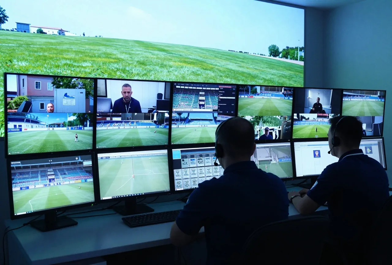Zwei Schiedsrichter mit Headsets sitzen in einem abgedunkelten Videoraum vor abgewandten Monitoren