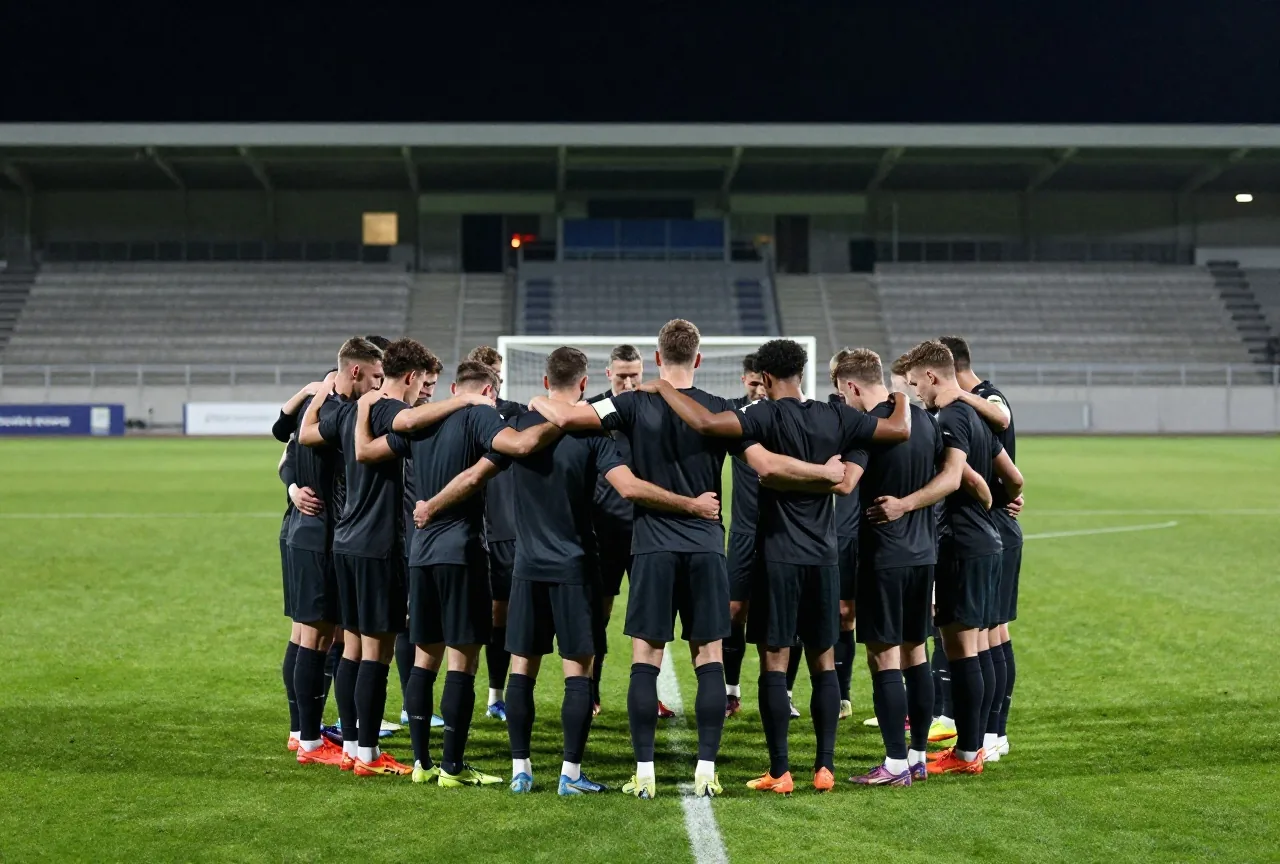 Fußballer in dunklen Trikots stehen Arm in Arm im Mittelkreis eines Stadions unter Flutlicht