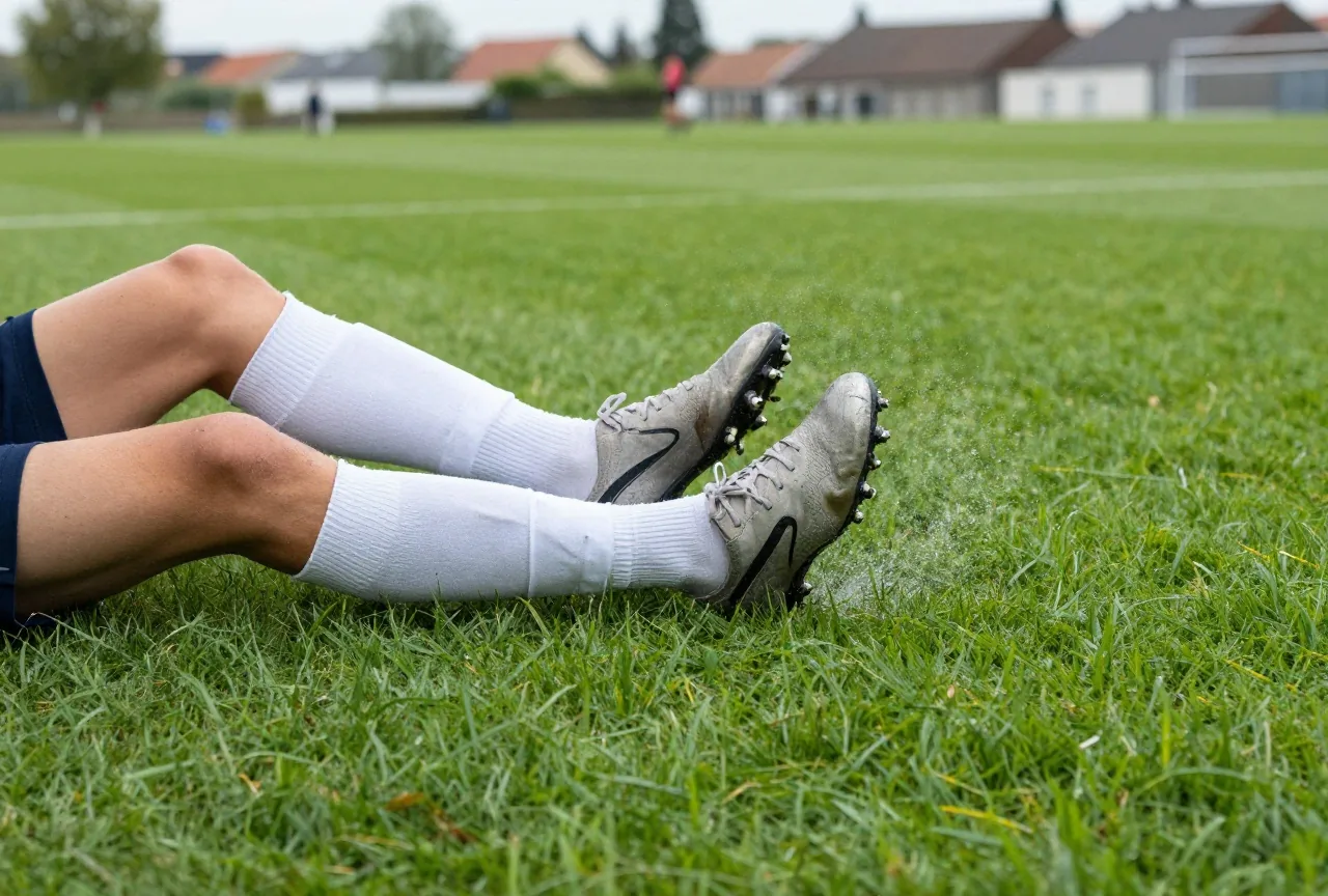 Zwei Spielerbeine bei einer Grätsche auf nassem Rasen, Wasser spritzt vom Boden auf