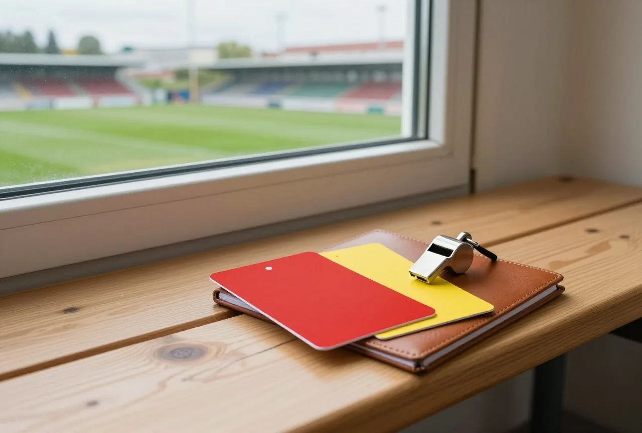 Rote und Gelbe Karte liegen auf einem Notizbuch neben einer Pfeife auf einer Holzbank