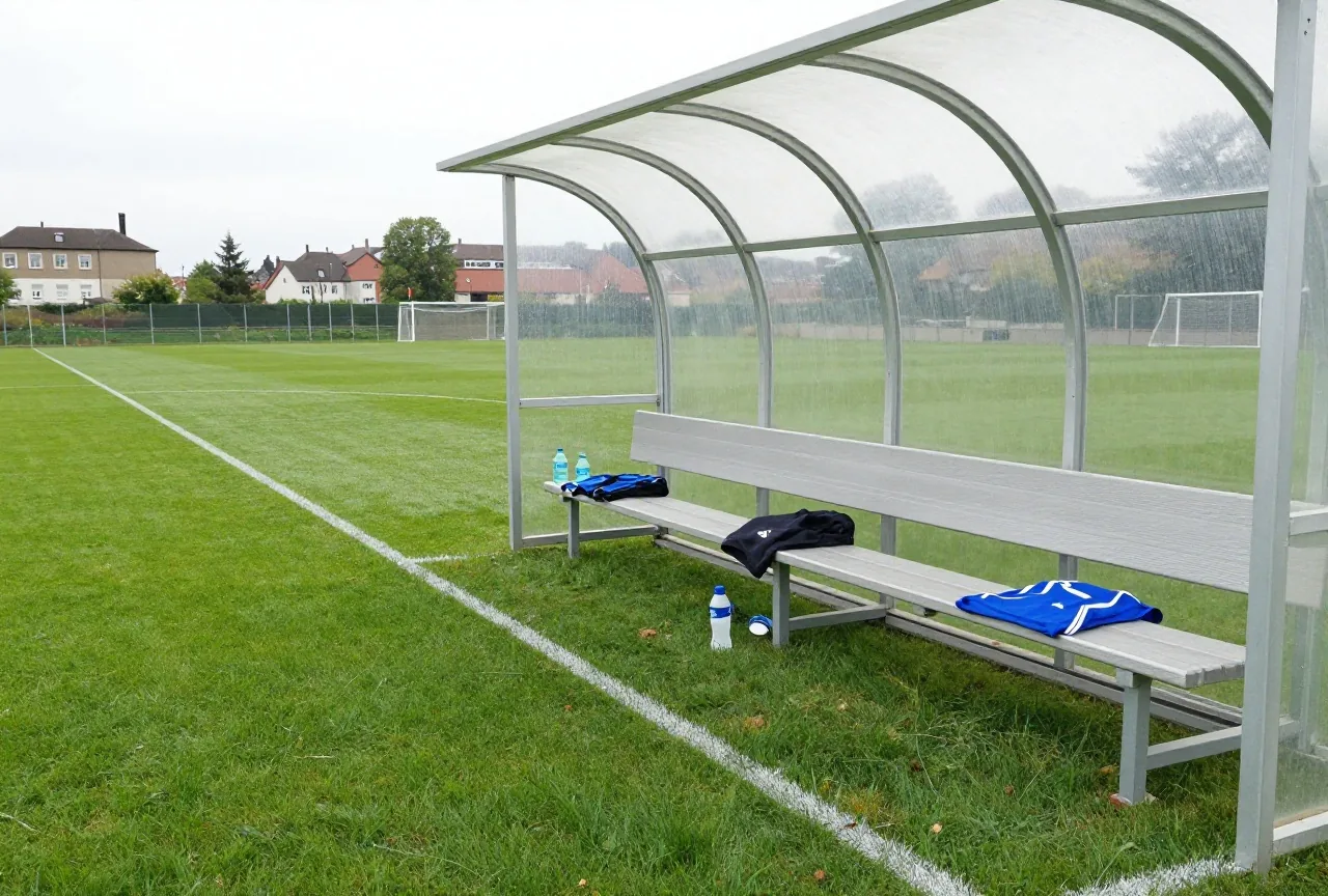 Leere Auswechselbank am Spielfeldrand mit Wasserflaschen und Trainingsjacken, davor die Linien der technischen Zone